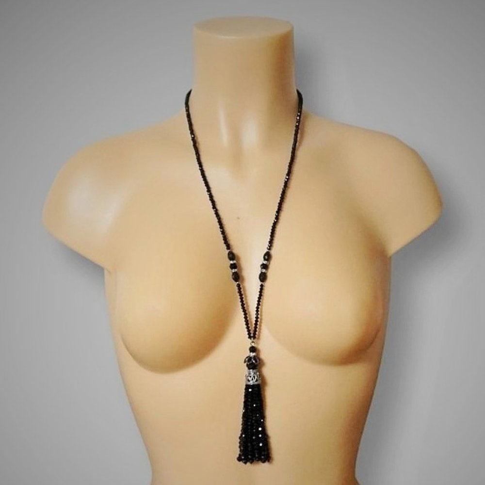 Napier Black Crystal Tassel Long Necklace NEW